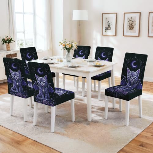 Image of Gothic Purple Bat Wing Cat Dining Chair Covers Set of 4 Slipcover
