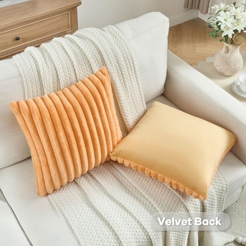 FUTEI Orange Striped Decorative Throw Pillow Covers 24x24 Inch Set of 2,Square Winter Decorations Couch Euro Pillow Case,Soft Cozy Faux Rabbit Fur & Velvet Back,Modern Home Decor for Bed