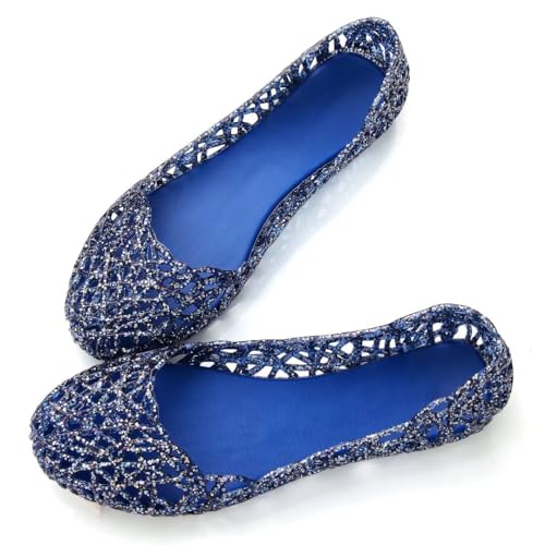 Image of Stunner Women Beach Jelly Shoes Slip On Crystal Summer Hollow Ballet Flats | Summer Cool PVC Breathable Outdoor Indoor Dressy Flat Sandals for Holiday Shopping Spa Swimming Pool