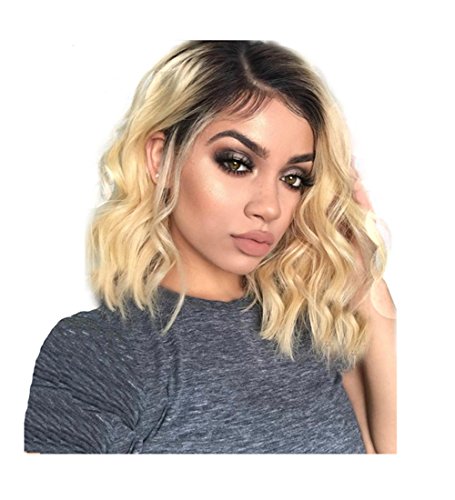NiceToBuy Glueless Frontal Lace Remy Human Hair Lace Front Wig Short Wavy Bob Style Brazilian Virgin Hair Wig Two Tone Ombre #1B/613 Black to Blonde for Women (12 inches)