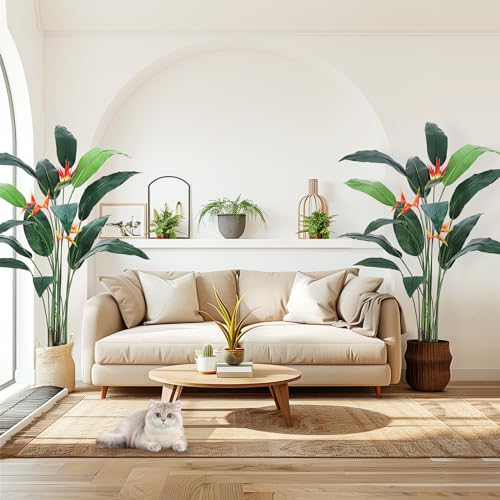 Artificial Bird of Paradise Plant 6FT(72in) Fake Palm Tree for Indoor Outdoor Modern Decor Faux Plants for Home Office Perfect Housewarming Gift with 17 Trunks Faux Leaves and 3 Faux Flowers 2 Pack