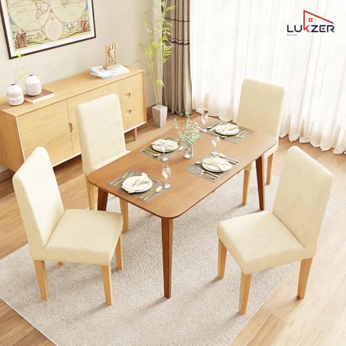 Image of Lukzer Elastic Dining Chair Cover - 1PC Pastel Yellow Starlight | Textured High Stretch Jacquard Seat Cover | Removable Washable Short Dining Chair Cover Protector Seat Slipcover | (CC-141-01)