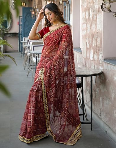 Image of SIRIL Women's Georgette Bandhani Printed Saree with Unstitched Blouse Piece