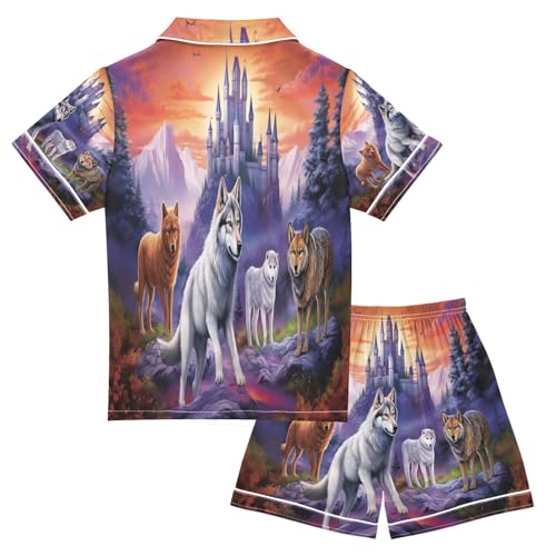 ALAZA Wolf Mountain Castle Satin Pajamas Set Short Sleeve Button Down Sleepwear Summer Pjs 2 Piece2