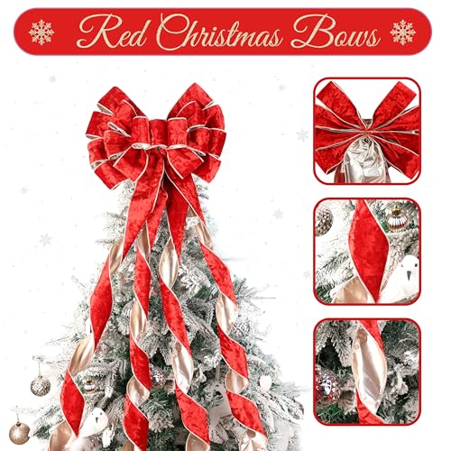 LIZLOVESS Red Christmas Tree Topper Bows 13 x 53 Large Red and Gold Velvet Christmas Decorative Bows with Long Streamers for Wreaths Door Staircase Ornaments Holiday Crafts Home Decor by LIZLOVESS - Image 5