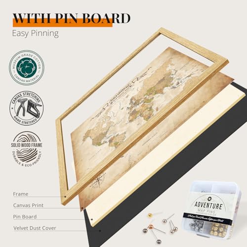 Image of DECORARTS - Oversized Personalized World Travel Map with Pins, Custom Name, Pin Board Canvas Wall Art, Antique Old World Decor, Optional Wood Frame, Giclee Print, Handcrafted in USA, 40x30''