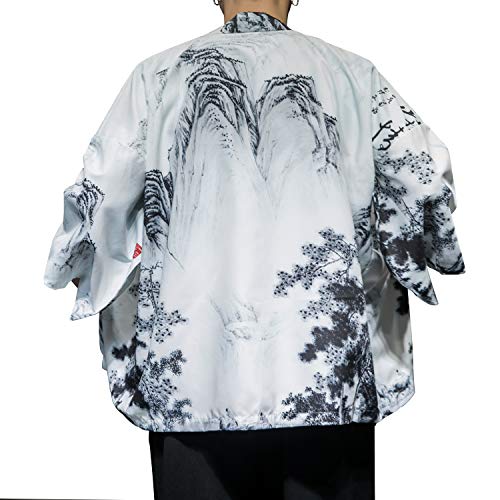 Image of Men's Japanese Kimono Robe Jacket Lightweight 3 /4 Sleeve Open Front Yukata | Silky Smooth Fashion Print Happi Coat Lightweight Breathable Loose Unisex Haori Casual Summer Cardigan Daily Beach Vacation