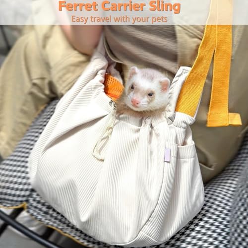 ferret sling carrier - pet carrying bag with adjustable strap hands free shoulder bag crossbody travel slings soft small animal bonding pouch front backpack for ferret rabbit puppy kitten beige
