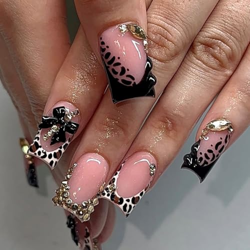 Leopard Print Press On Nails Tapered Square Nude Pink Glossy Fake Nails with Black French Tip Gold Rhinestone & Bow Design Luxury Acrylic Stick On Nails Reusable for Women Party