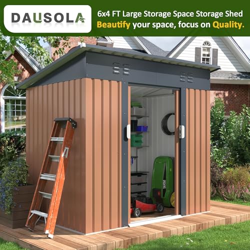 Image of DAUSOLA 6x4 FT Outdoor Storage Shed, Metal Garden Tool Shed with Updated Frame Structure and Lockable Doors, Ideal for Backyard Garden Patio Lawn, Brown