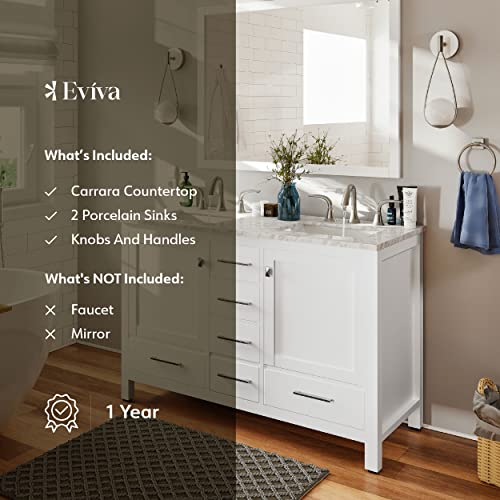 Eviva Aberdeen White 48" X 22" Bathroom Vanity Double Sink Bathroom Vanity W/Carrara Marble Top Bathroom Decor 48 Inch Modern Bathroom Sink Vanities For Contemporary Cabinets W/Soft Closing Drawers #TOP5