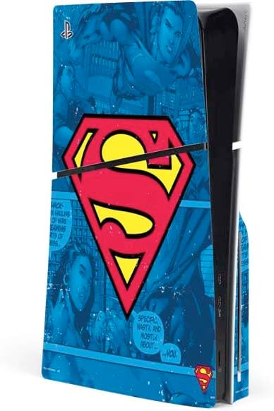 Skinit Calcomanía para juegos compatible con PS5 Slim Console Diseño de fondo con logotipo de Superman de DC Comics con licencia oficial