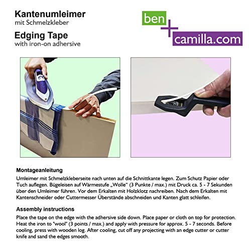 ben+camilla.com Kantenumleimer zum Aufbügeln | Weiß 20 mm x 5 m Rolle (matt glatt) | Premium Qualität für professionelle Ergebnisse | Kantenschutz