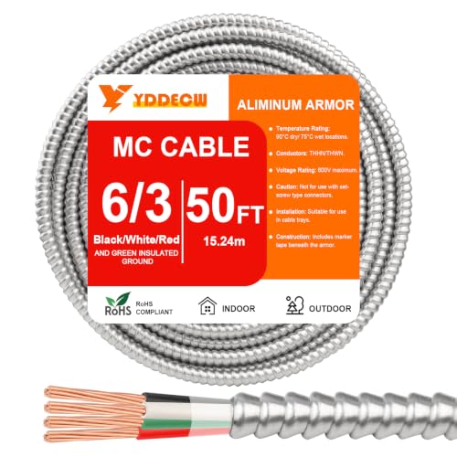 Image of 50FT 6 /3 Metal Clad (MC) Cable with Ground, 6 Gauge Electric Wire with Aluminum Armor, Solid Bare Copper Conductors for Indoor Outdoor Underground Embedded Installation (6 /3, 50 ft)