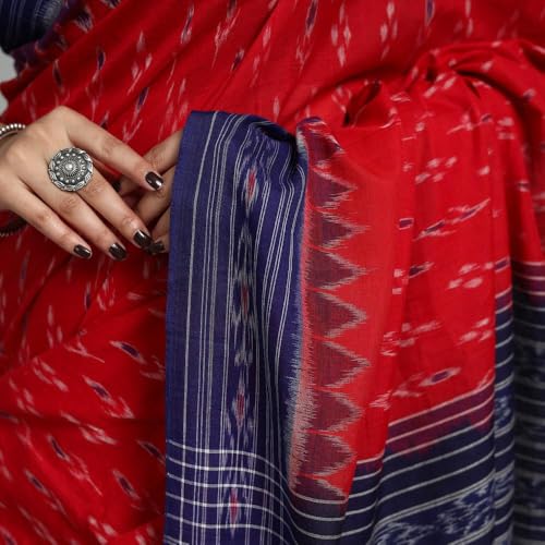 Image of ODISHAHANDLOOM Sambalpuri Pure Cotton Handloom Saree, Traditional Ikat Pattern, Red and Green, Without Blouse