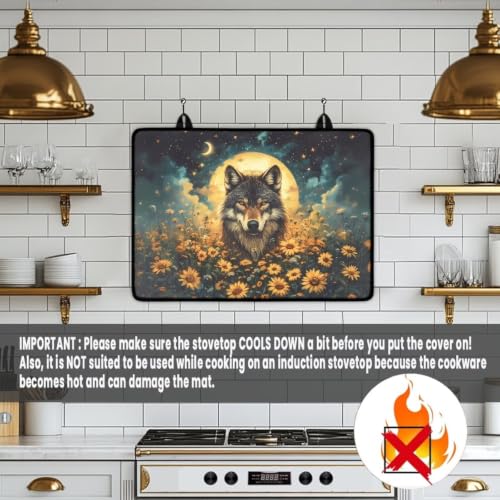 Image of Stove Top Covers for Electric Stove Anti-Scratch Flat Induction Cooktop Cover Mat Ceramic Glass Stove Top Protector with Rubber Backing, 29 x 21 Inch, Wolf Moon Planet Sunflower