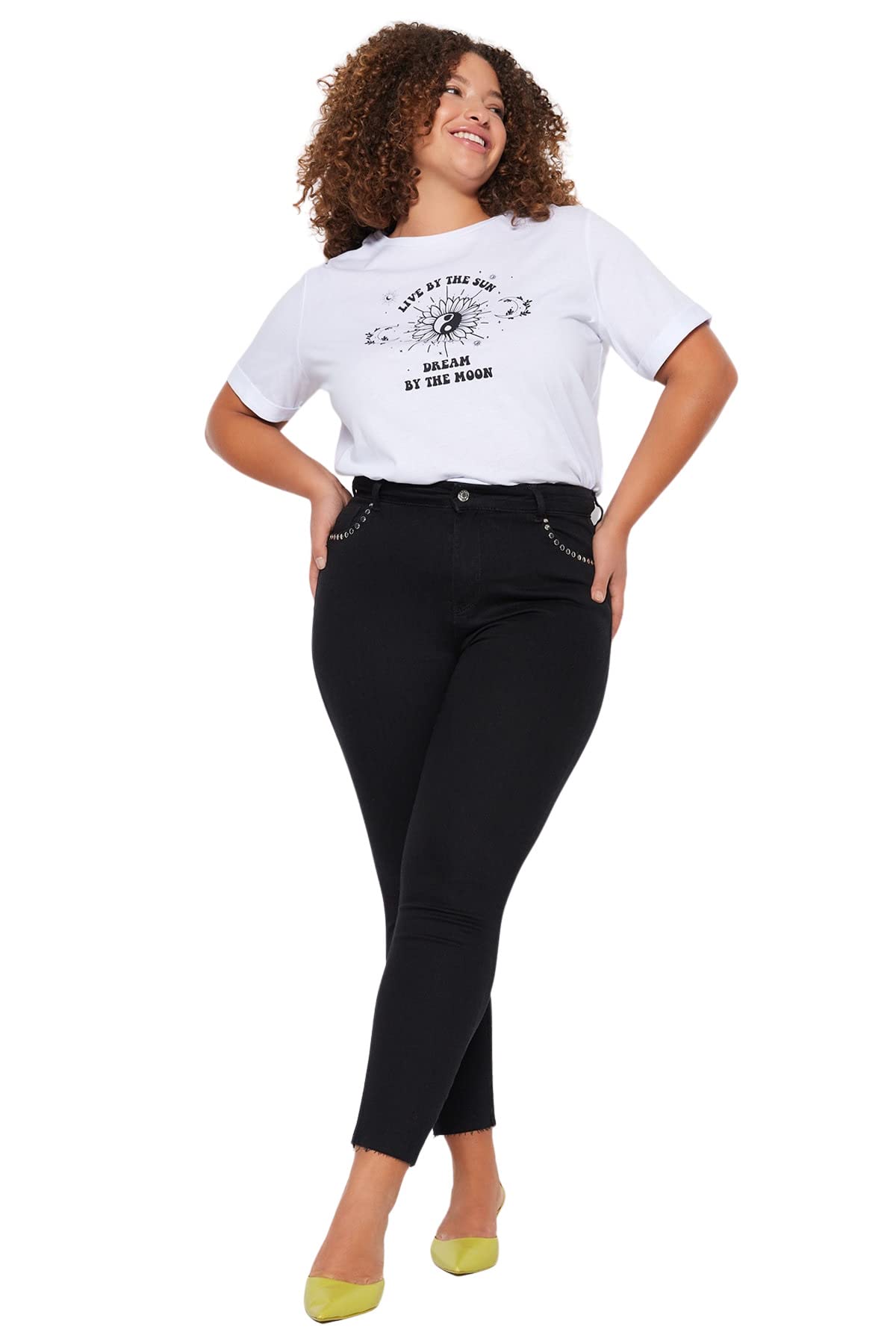 Trendyol Damen Schwarz Jeans Mit Hoher Taille, Skinny Fit, Übergröße Hose, 46