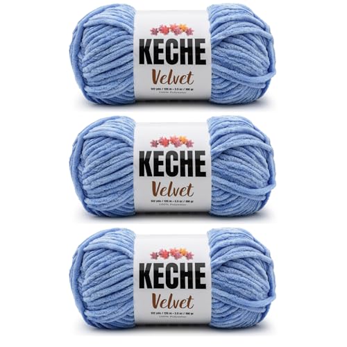 Image of Keche Velvet Yarn for Crocheting, Soft Chenille Bulky Baby Blanket Amigurumi Yarn 3x100 gr (3x132 yds) (3- Skeins) - Blue