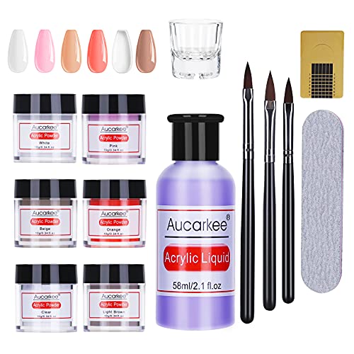 Acrylic Nail Kit, 6 Colors Acrylic Powder and Liquid Monomer Set with 3 Acrylic Nail Brushes Nail Forms for Professional Acrylic Nails Extension Carving Acrylic Nail Starter Kit for Beginners