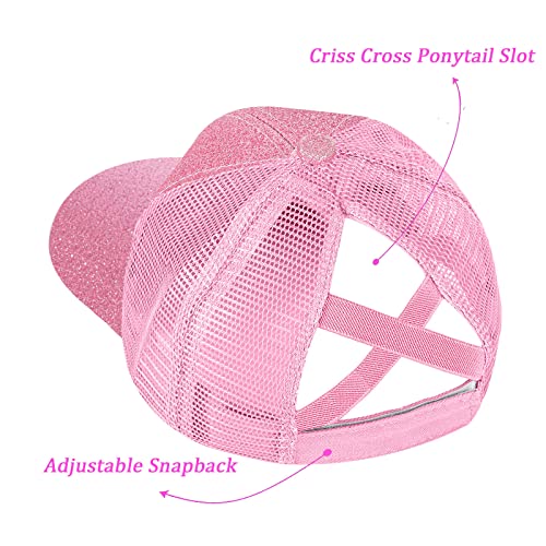 BROMZ Girls Glitter Baseball Cap Kids Ponytail Hat Adjustable Summer Mesh Trucker Hats for 4-12 Years3