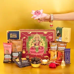 Eat Better Co Samriddhi Gift Hamper with Laxmi Design for Diwali - 11 Item Gift Pack - Dry Fruit Laddoos, Chocolate Coated Nuts with Phool Incense Cones, Golden Bell & Lanten Diya | Diwali Gifting Box