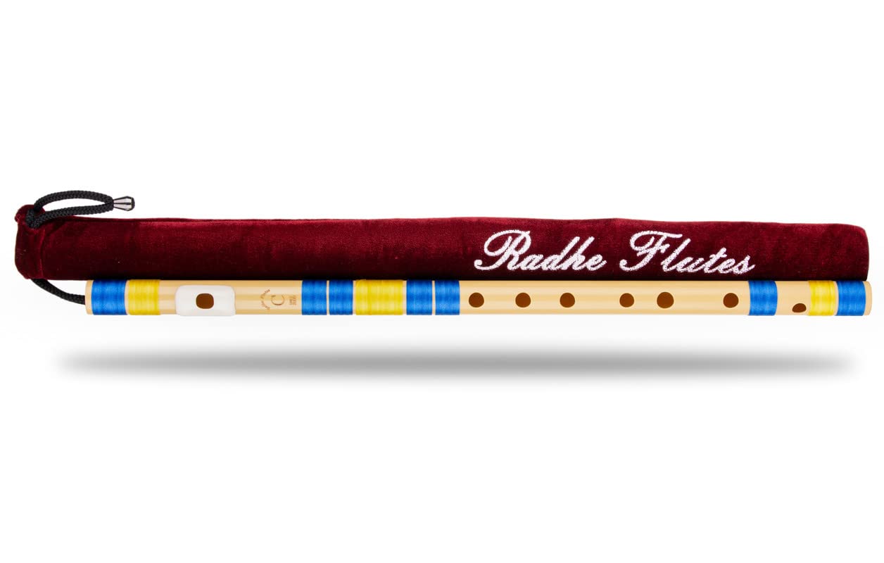 Radhe Flutes | C Natural Right Handed Middle Bansuri | Blue & Yellow | Tuned With Tanpura A=440Hz | PVC Flute + Velvet Cover + Hindi & English Flute Lessons