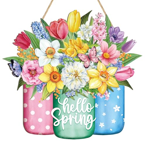 Hello Spring Wreath for Front Door Sign Wall Signs Decoration Flower Wreath Sign Spring Welcome Hanging for Home Wall Decor Party Outdoor indoor Supply Easter Decoration