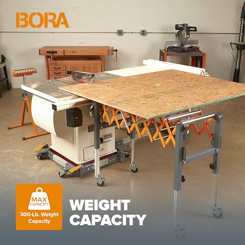 Bora Portamate Adjustable Conveyor Roller Stand Infeed / Outfeed Support Expandable Gravity Conveyor 300 lbs. Weight Capacity Locking Swivel Castor Wheels PM-2700