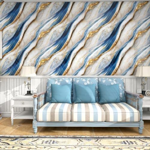 Image of INFINITY DECOR Dark Blue Marble UV Wall Panels | Golden & Cream 3D Design | Self Adhesive Waterproof Sheets | 60x60 cm | Pack of 5 | Peel & Stick, Easy Clean