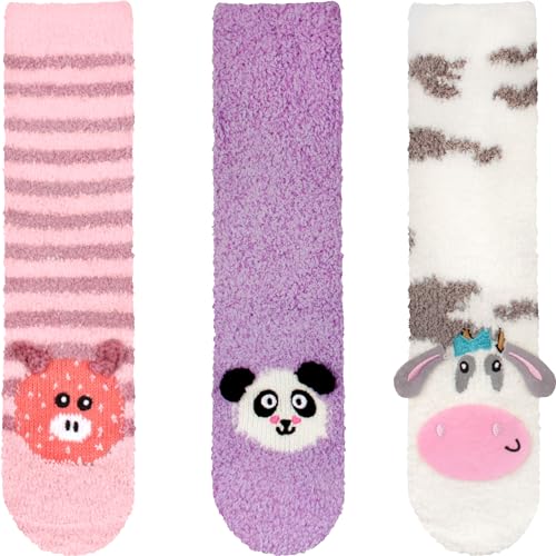 Image of BambooMN Super Soft Warm Cute Animal Face Non-Slip Fuzzy Crew Winter Home Socks, Value Pack