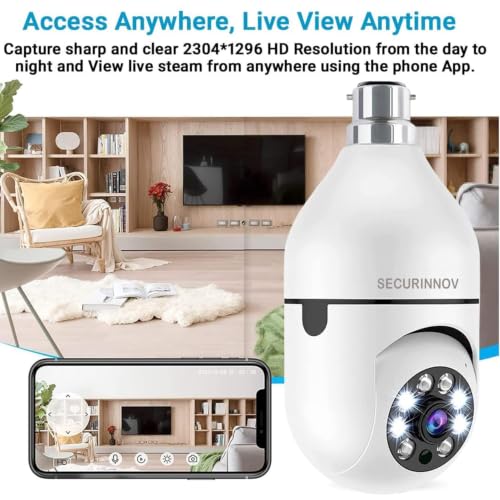 Image of securinnov 3MP WiFi Light Bulb Camera for Home Indoor | 360 View | Color Night Vision | Motion Detection | Two Way Audio | Wireless Home Security Camera with Mobile App V380 Pro (Light Camera)