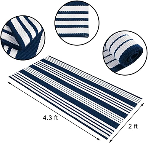 Tiveney Front Door Mat Indoor Entrance, 2'x4.3' Outdoor Rug Machine Washable Area Rugs Black and Blue Outdoor Patio Rug, Cotton Woven Layered Doormat Throw Rugs for Entryway/Porch/Kitchen - Image 3