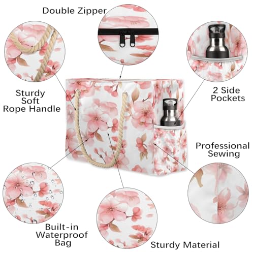 Beach Bag Large Travel Tote Bags with Rope Handles and Zipper Closure Reusable Grocery Shoulder Bag for Swim Travel3