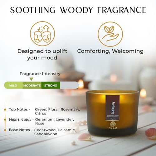 Image of EKAM 3 Wick Soy Wax Scented Candle | Mahogany Fragrance | 35 Hr Burn | Long Lasting Premium Jar Candle for Home Decor, Relaxation & Gifting
