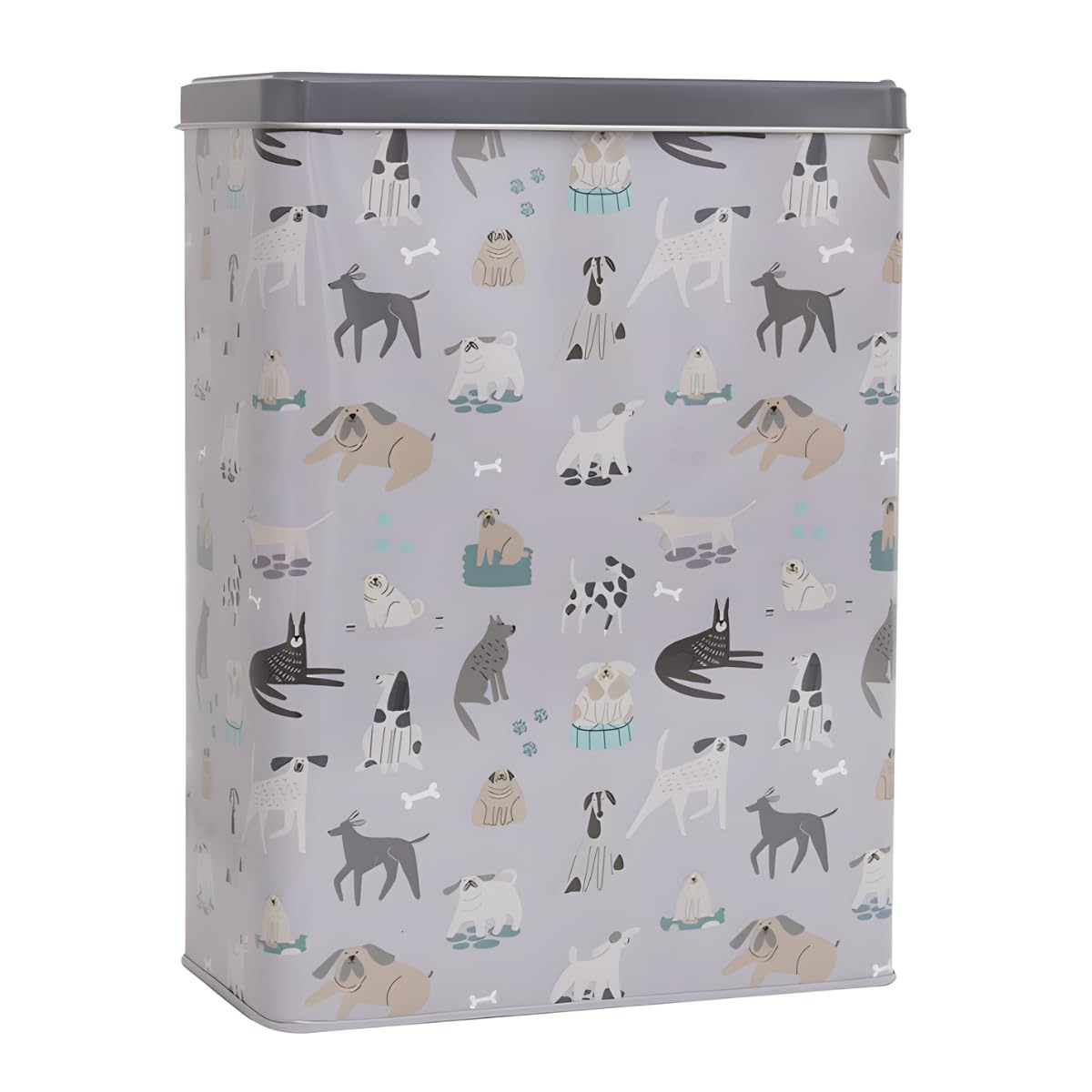 YöL Pet Treat Storage Tin with Lid Grey Dog Print Design Durable Metal Container Biscuits Snacks Training Rewards Compact Kitchen and Pet Feeding Organisation Solution 25 x 18 x 10cm