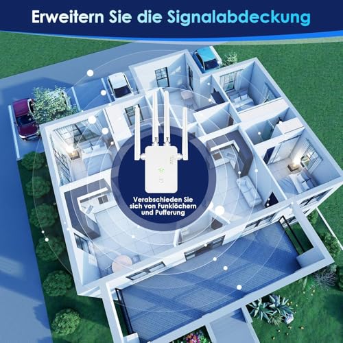 WLAN-Extender-Signalverstärker für bis zu 6.000 m² und 60 Geräte, WLAN Verstärker mit großer Reichweite und Ethernet-Anschluss, Zugangspunkt, 1-Tasten-Einrichtung