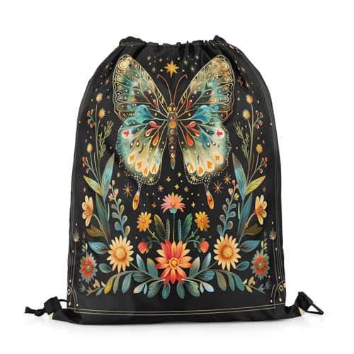 Castle Fairy Rainbow Butterfly Waterproof Drawstring Backpack,Rustic Botanical Flowers Boho Style String Bag Sackpack,Watercolor Jungle Butterfly Plants Foldable Draw String Back Bag Sports Bag2