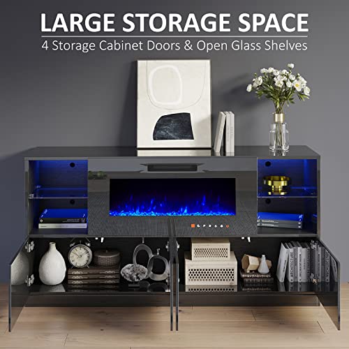 Fireplace TV Stand for TVs up to 75", Modern High Gloss Entertainment Center with 40" Fireplace, 4 Shelves & Storage Cabinets, Media Console Table 68 Inches, Black - Image 4
