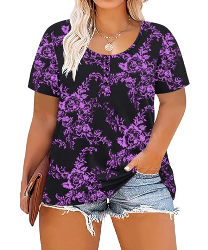 CARCOS Plus Size Tops for Women Button Up Henley Shirts Short Sleeve Summer T-Shirts V/Crewneck Casual Trendy Tunics XL-5XL