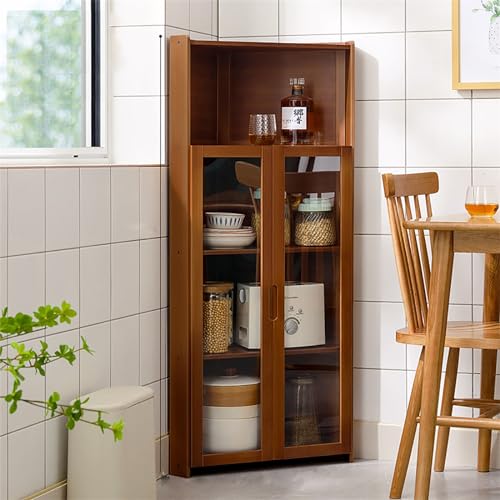 Armario alto de bambú para almacenamiento de esquina, cocina independiente con puertas abiertas dobles de acrílico, solución multifuncional para ahorrar espacio