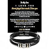 Bracelets For Men，Men's Black Braided Leather Bracelet, Stainless Steel Engraved 