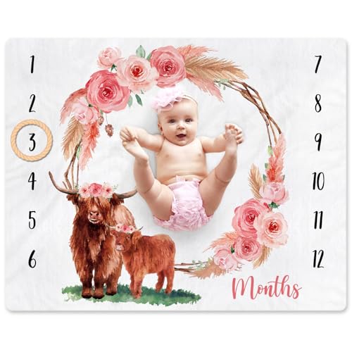 Image of Gicoherero Highland Cow Baby Monthly Milestone Blanket Floral Scotland Photo Prop Blanket with New to The Herd Cattle Nursery Stuff Gift Ideas for Girl Newborn Nursery Décor Baby Gift 40" X 50