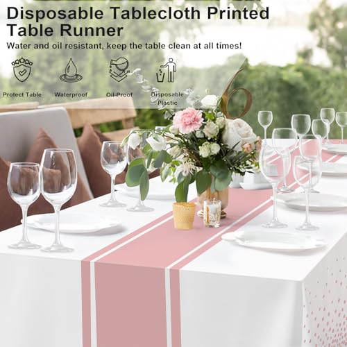 Image of 6 Pack White and Rose Gold Tablecloth Party Decorations Plastic White Tablecloth Printed Rose Gold Table Runner 54 x108 Inch Disposable Rectangle Table Cover for Birthday Wedding Graduation