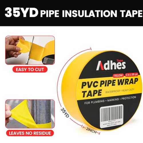 Image of ADHES PVC Pipe Wrap Tape, 2 Inch X 35 Yds, Corrosion Protection Pipe Tape, Weatherproof PVC Tape for Drain Pipe, Metal & Electrical Piping, Underground Pipe, Yellow