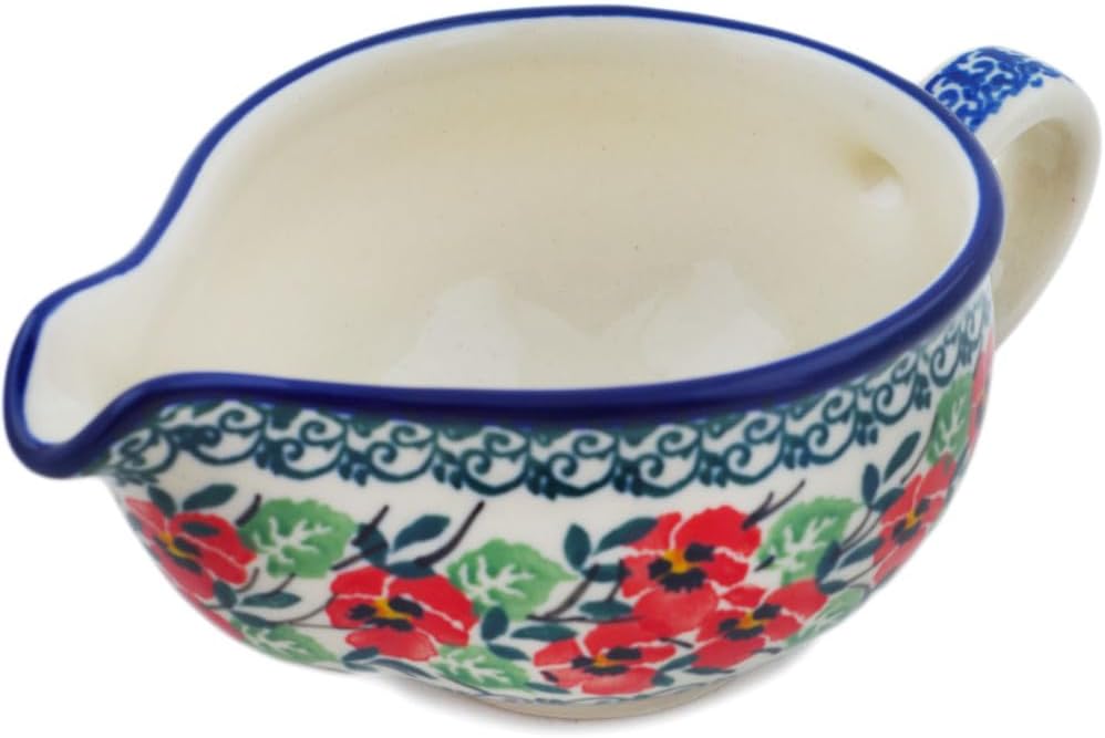 Polmedia Polish Pottery Gravy Boat - Red Pansy Pattern Handmade in Boleslawiec Poland by Ceramika Artystyczna + Certificate of Authenticity