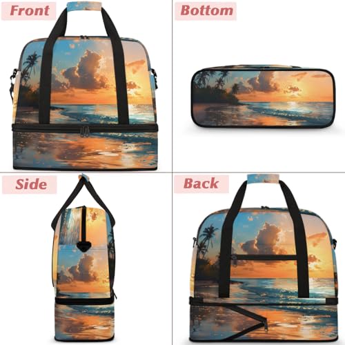Large Weekender Overnight Bags Ocean Beach Sunset Travel Duffel Bag for Women Men Gym Bag With Shoe Compartment Foldie Travel Tote Bag Carry On Personal Item Bag for Travel Gym Sports3