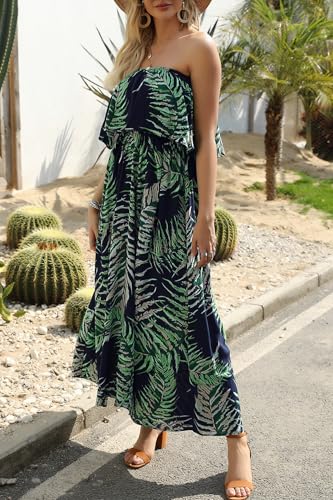 Image of ZMPSIISA Women's Summer Off The Shoulder Maxi Dress Ruffle Strapless Blue White Porcelain Boho Casual Loose Long Dresses