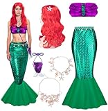 Wehhbtye 7 Pcs Halloween Mermaid Costume for Women Adult, Mermaid Tube Top Skirt Costume with Curly Wig and Sequin Purse, Shell Necklace Bracelet Waist Chain for Halloween Cosplay Dress Up Theme Party