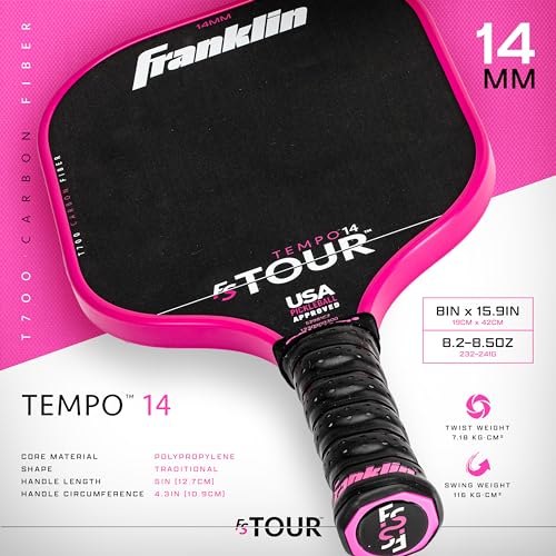 Image of Franklin Sport Pro Pickleball Paddles - FS Tour Series Carbon Fiber Paddles - Official USA Pickleball (USAPA) Approved - Tempo Pro Player - 14mm Polymer Core - Pink