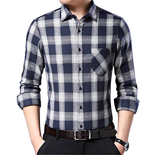 Ebind Men's Long Sleeve Plaid Shirt Casual Button Up Cotton Flannel Shirt,Non Iron, L, Grey